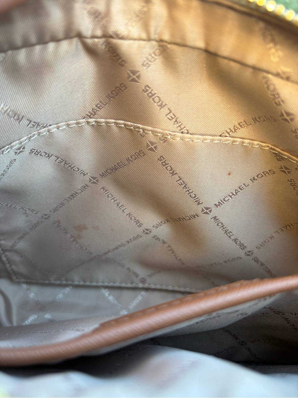 Michael Kors Beige MK Signature Crossbody with Brown Trim & Gold Chain - Picture 7 of 11